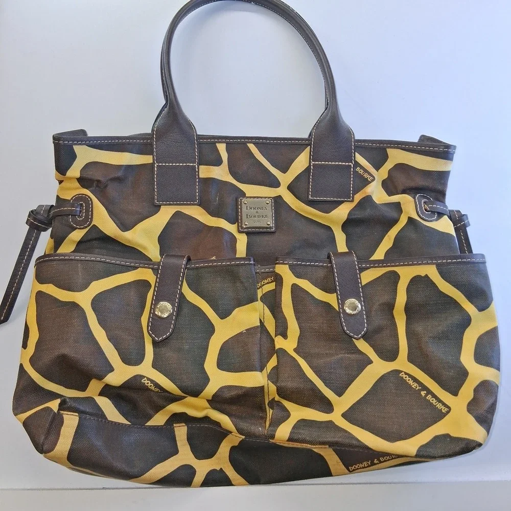 Dooney & Bourke Giraffe Yellow Brown Print Large Leather Hobo Bag Purse